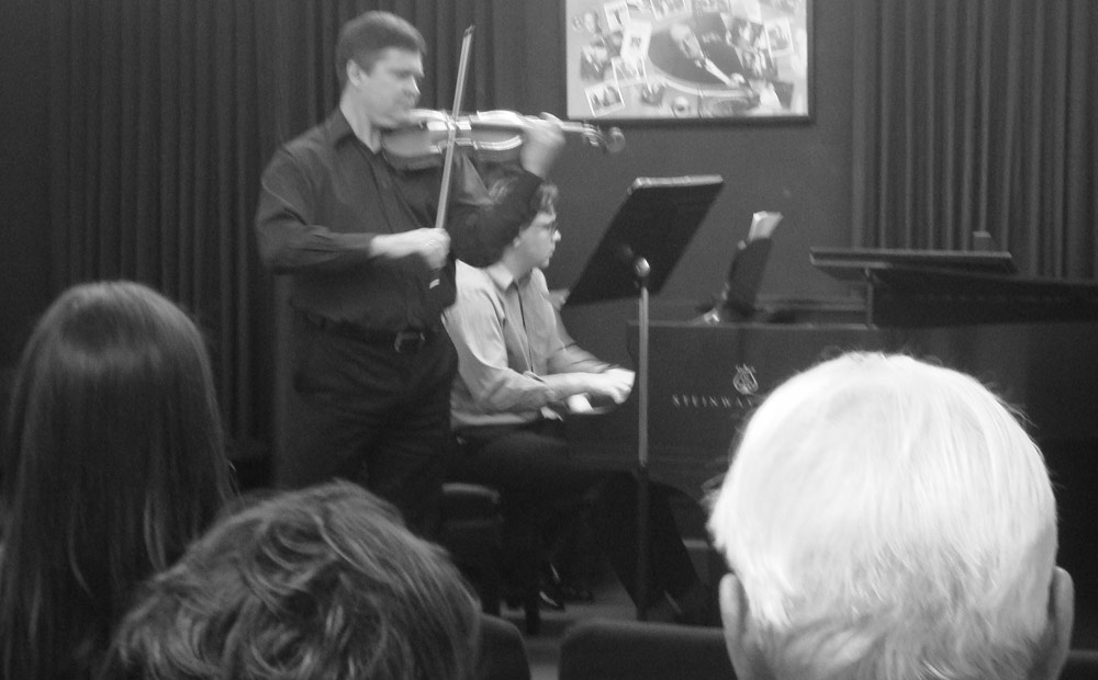 Eric Lawson and João Paulo Casarotti perform with Ernst Mahle and his wife in the audience, Steinway Hall, New York, NY